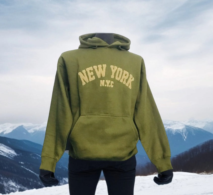 Olive Green Pullover Hoodie – New York Embroidery, Long Sleeve, Casual Sweatshirt with Pocket. Fabric Weight: 280-300 GSM