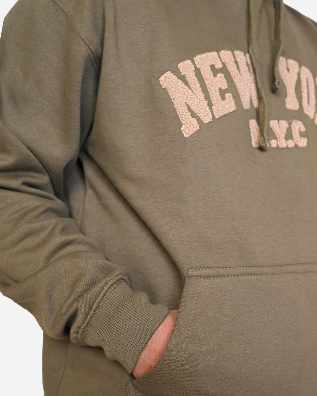 Olive Green Pullover Hoodie – New York Embroidery, Long Sleeve, Casual Sweatshirt with Pocket. Fabric Weight: 280-300 GSM