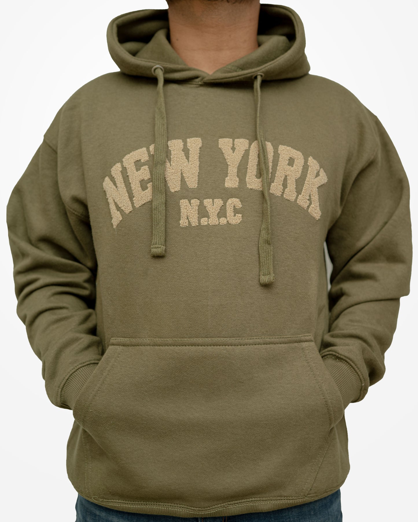 Olive Green Pullover Hoodie – New York Embroidery, Long Sleeve, Casual Sweatshirt with Pocket. Fabric Weight: 280-300 GSM
